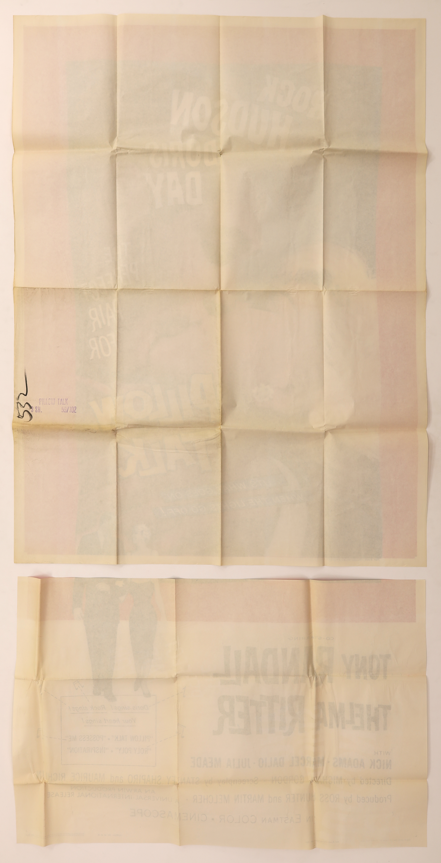 Reverse of the original Pillow Talk 1959 three sheet movie poster showing both folded sections, original fold lines, age toning and distribution markings.