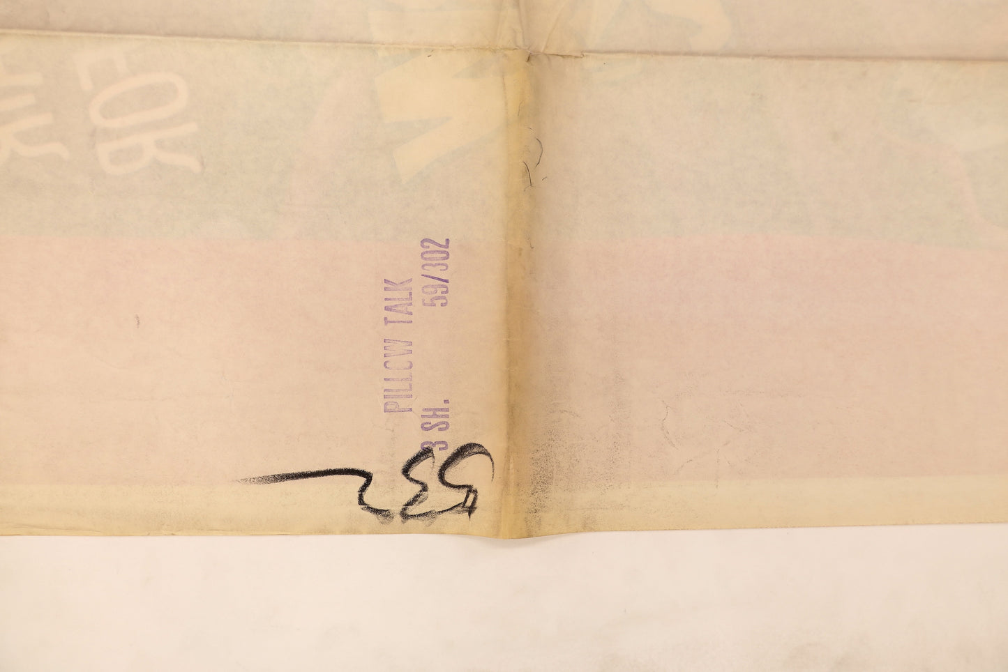 Reverse detail of the Pillow Talk 1959 three sheet poster showing the original “Pillow Talk 3 SH. 59/302” distribution stamp and handwritten marking.
