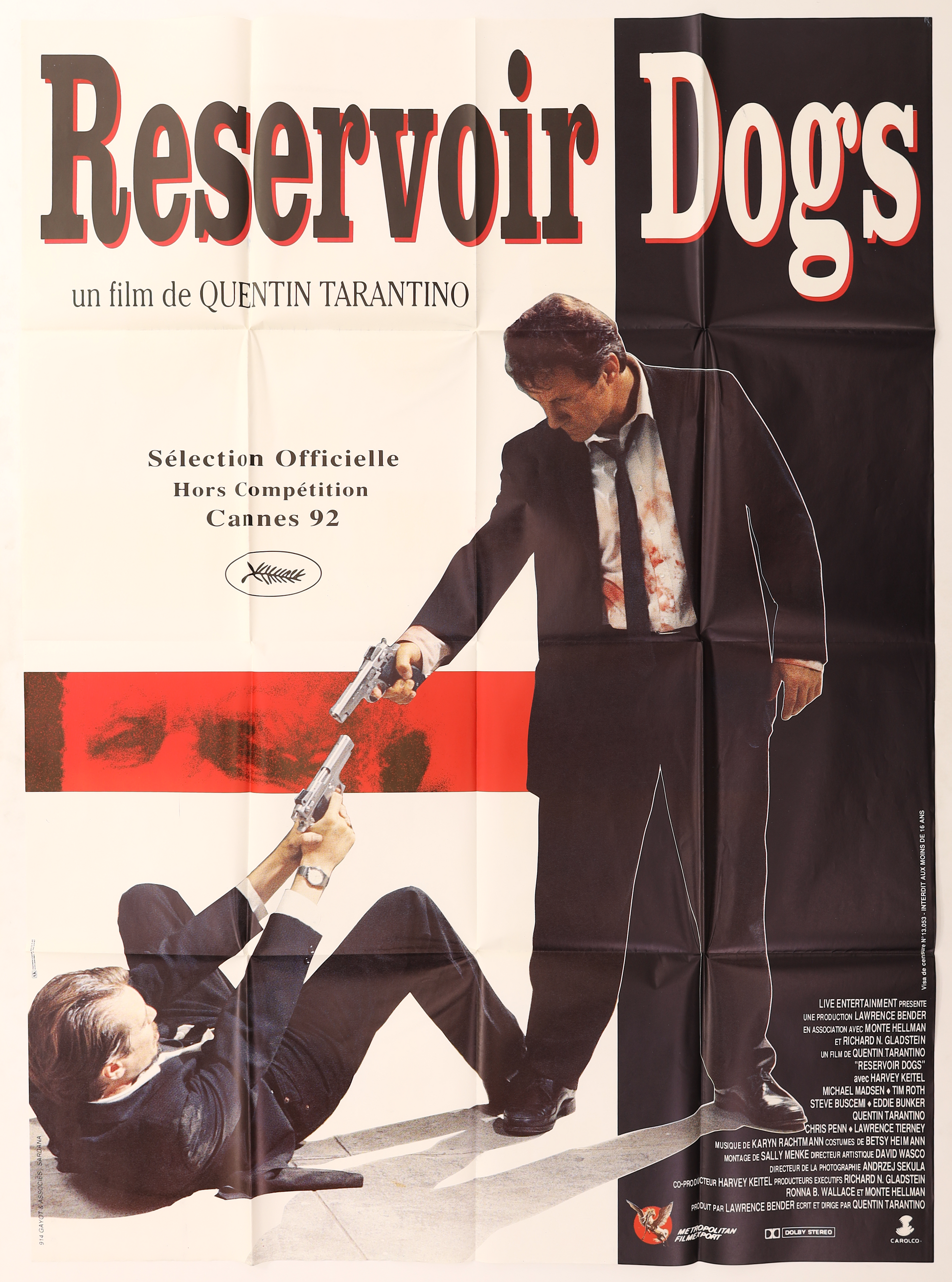 Original Reservoir Dogs 1992 French grande movie poster featuring Harvey Keitel and Tim Roth with bold black, white and red French theatrical artwork.