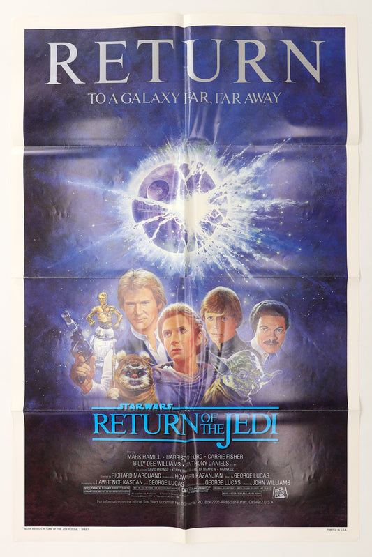Original Return of the Jedi 1985 U.S. re-release one sheet movie poster featuring the exploding Death Star above Han Solo, Princess Leia, Luke Skywalker, Lando Calrissian, Yoda, C-3PO, R2-D2, and an Ewok.