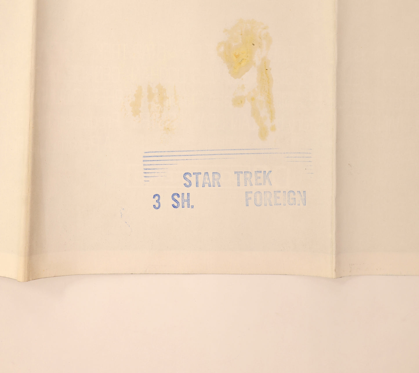 Reverse detail of the Star Trek: The Motion Picture 1979 international three sheet poster showing the original “STAR TREK 3 SH. FOREIGN” distribution stamp and nearby age-related staining.
