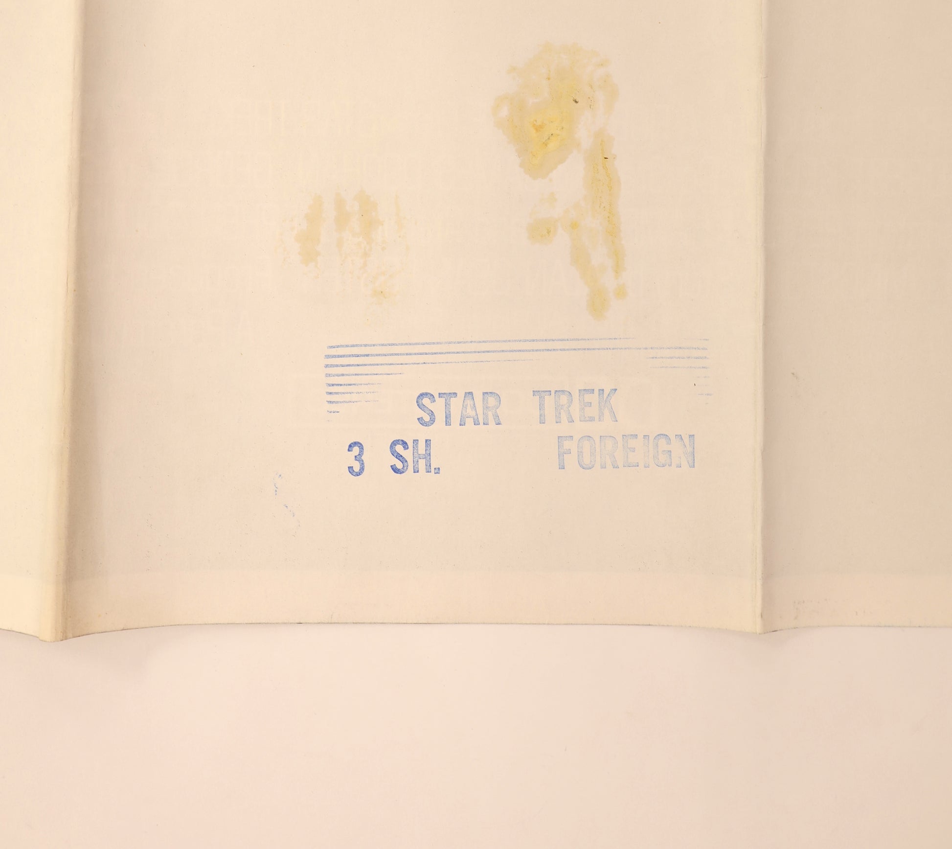 Reverse detail of the Star Trek: The Motion Picture 1979 international three sheet poster showing the original “STAR TREK 3 SH. FOREIGN” distribution stamp and nearby age-related staining.