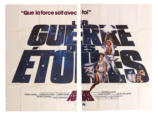 Original Star Wars 1977 French double panel movie poster featuring Princess Leia, Luke Skywalker, R2-D2 and C-3PO with René Ferracci and Tom Jung artwork.