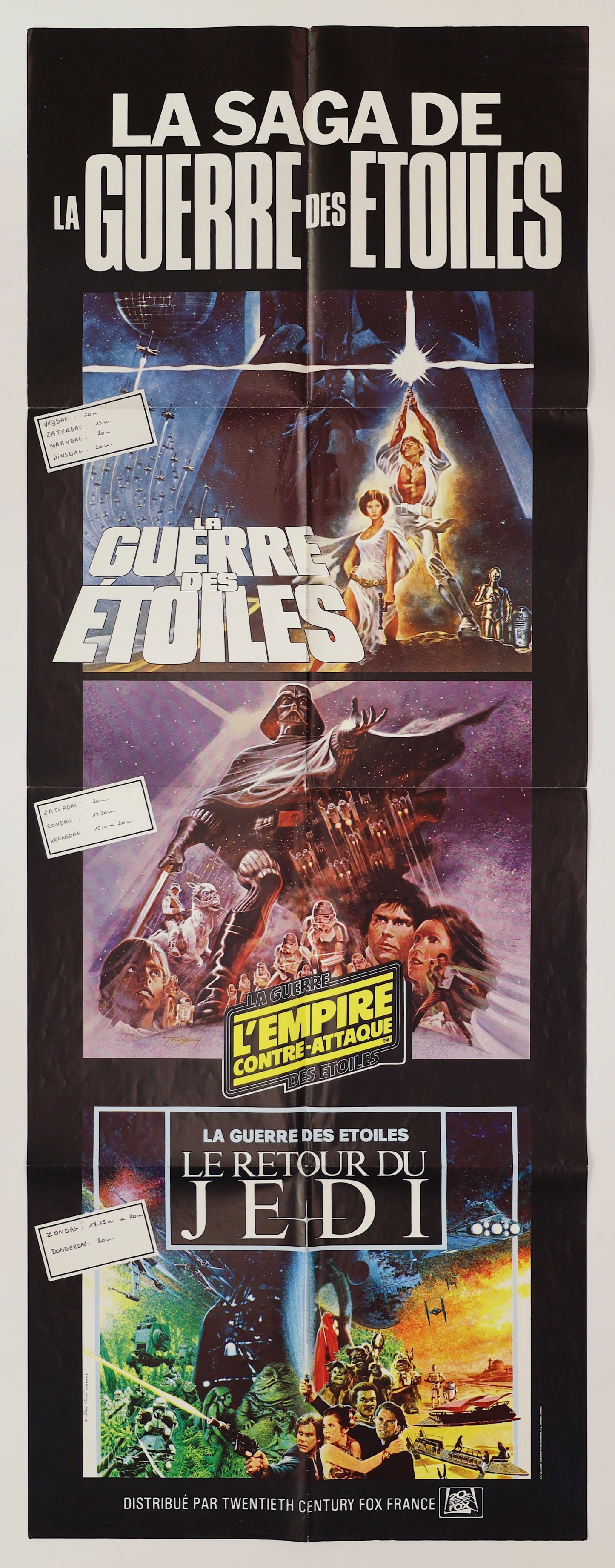 Original 1983 Star Wars Trilogy French door panel movie poster featuring artwork from all three original Star Wars films.