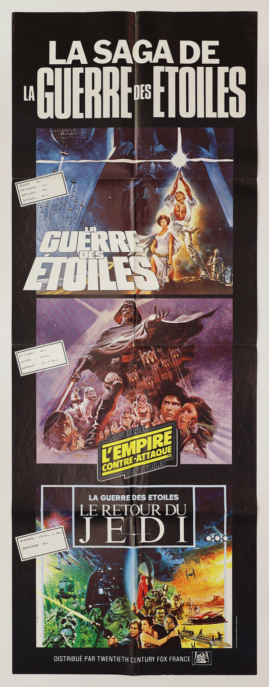Original 1983 Star Wars Trilogy French door panel movie poster featuring artwork from all three original Star Wars films.