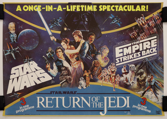 Original 1983 Star Wars Trilogy Program U.K. 30x40 movie poster featuring artwork from all three original Star Wars films.