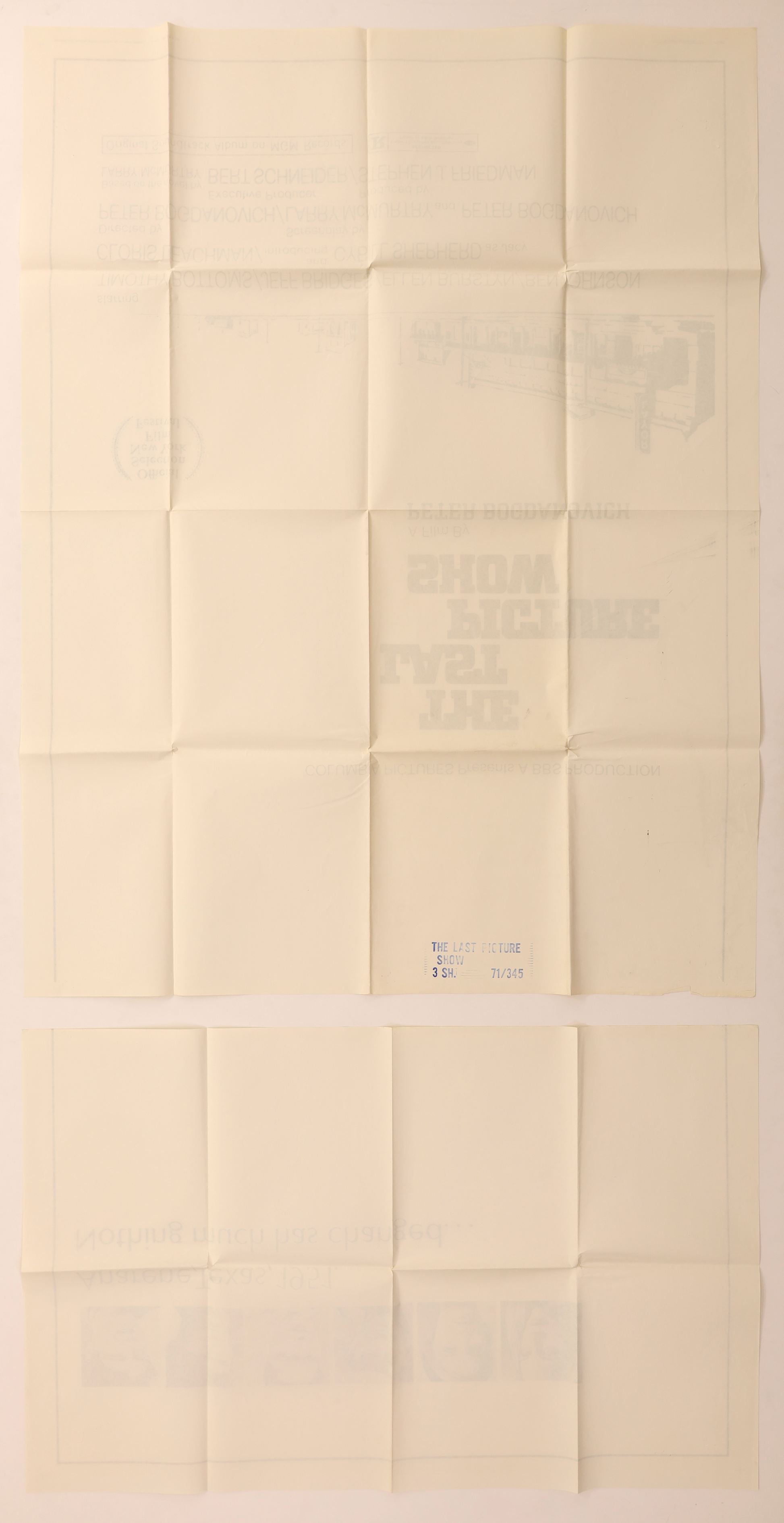 Reverse of The Last Picture Show 1971 three sheet movie poster showing both folded sections, original fold lines and the distribution stamp.