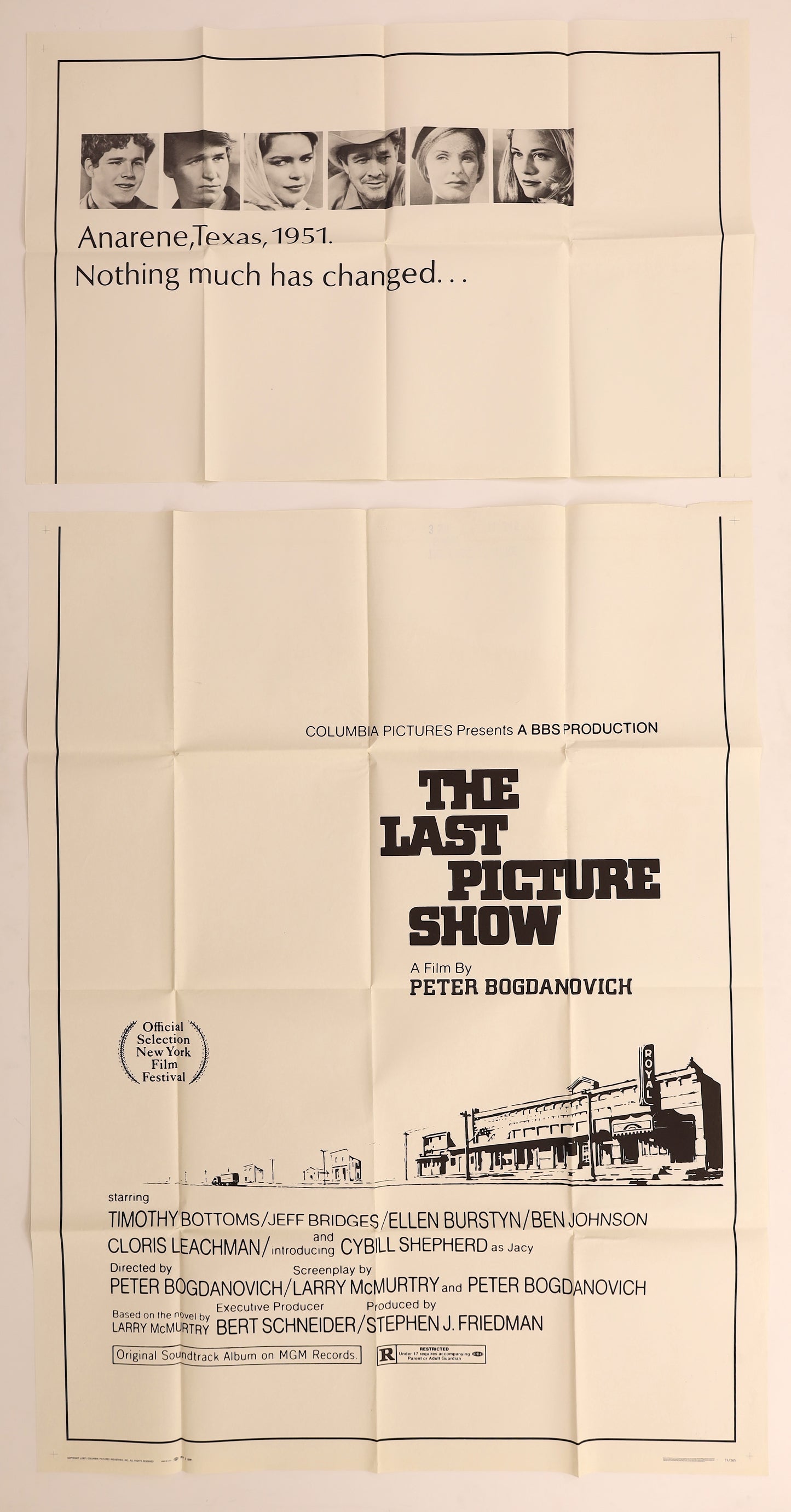 Original The Last Picture Show 1971 three sheet movie poster featuring the film’s black-and-white cast portraits, Anarene Texas text and Peter Bogdanovich credits.