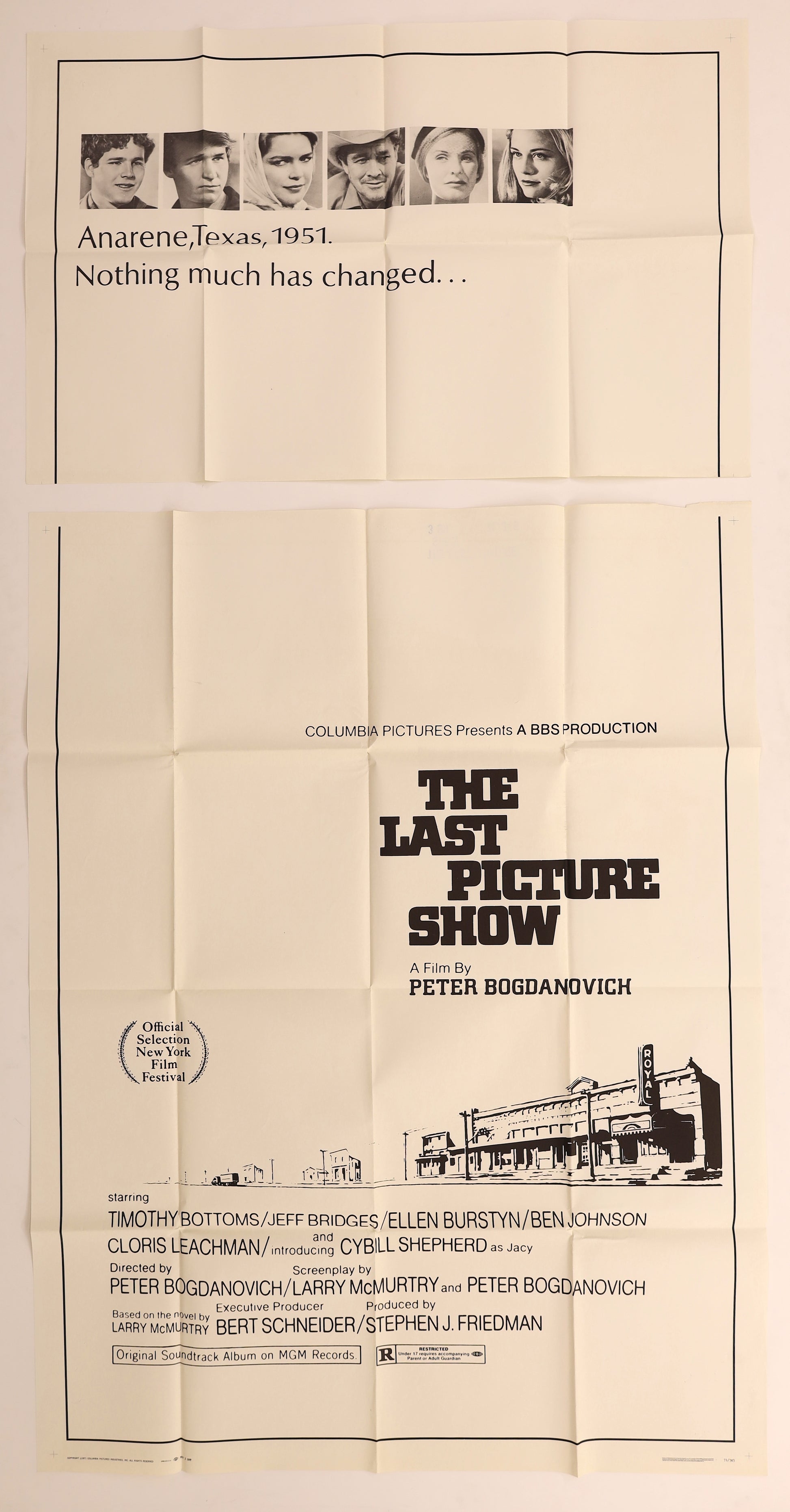 Original The Last Picture Show 1971 three sheet movie poster featuring the film’s black-and-white cast portraits, Anarene Texas text and Peter Bogdanovich credits.