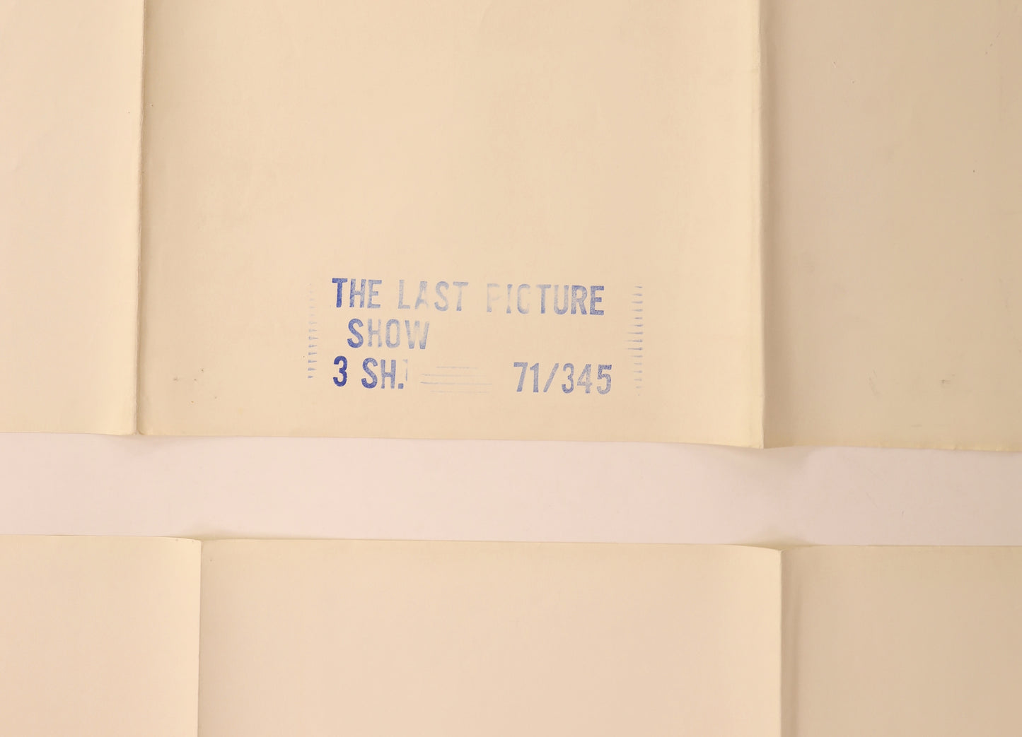 Reverse detail of The Last Picture Show 1971 three sheet poster showing the original “THE LAST PICTURE SHOW 3 SH. 71/345” distribution stamp.