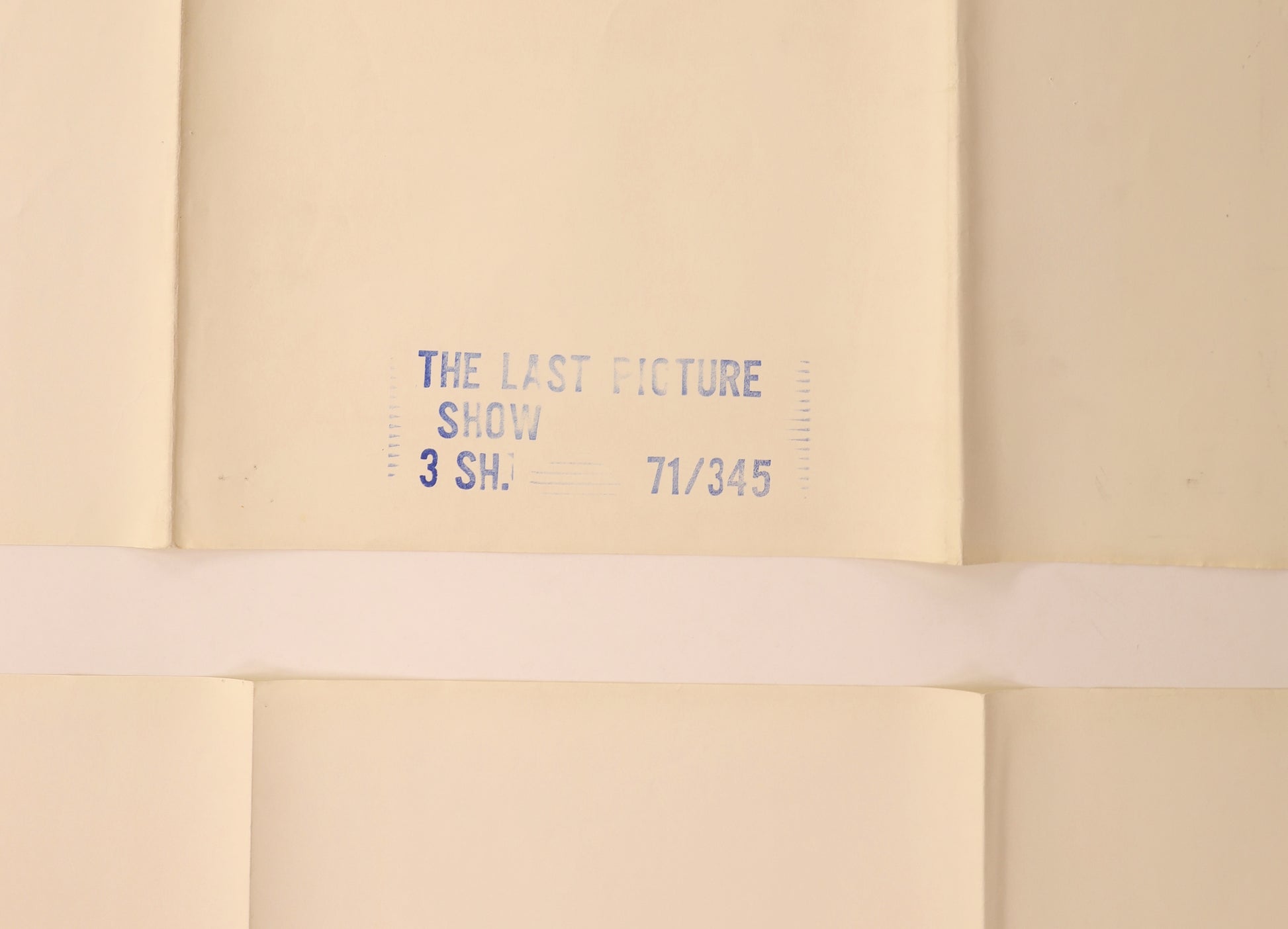 Reverse detail of The Last Picture Show 1971 three sheet poster showing the original “THE LAST PICTURE SHOW 3 SH. 71/345” distribution stamp.
