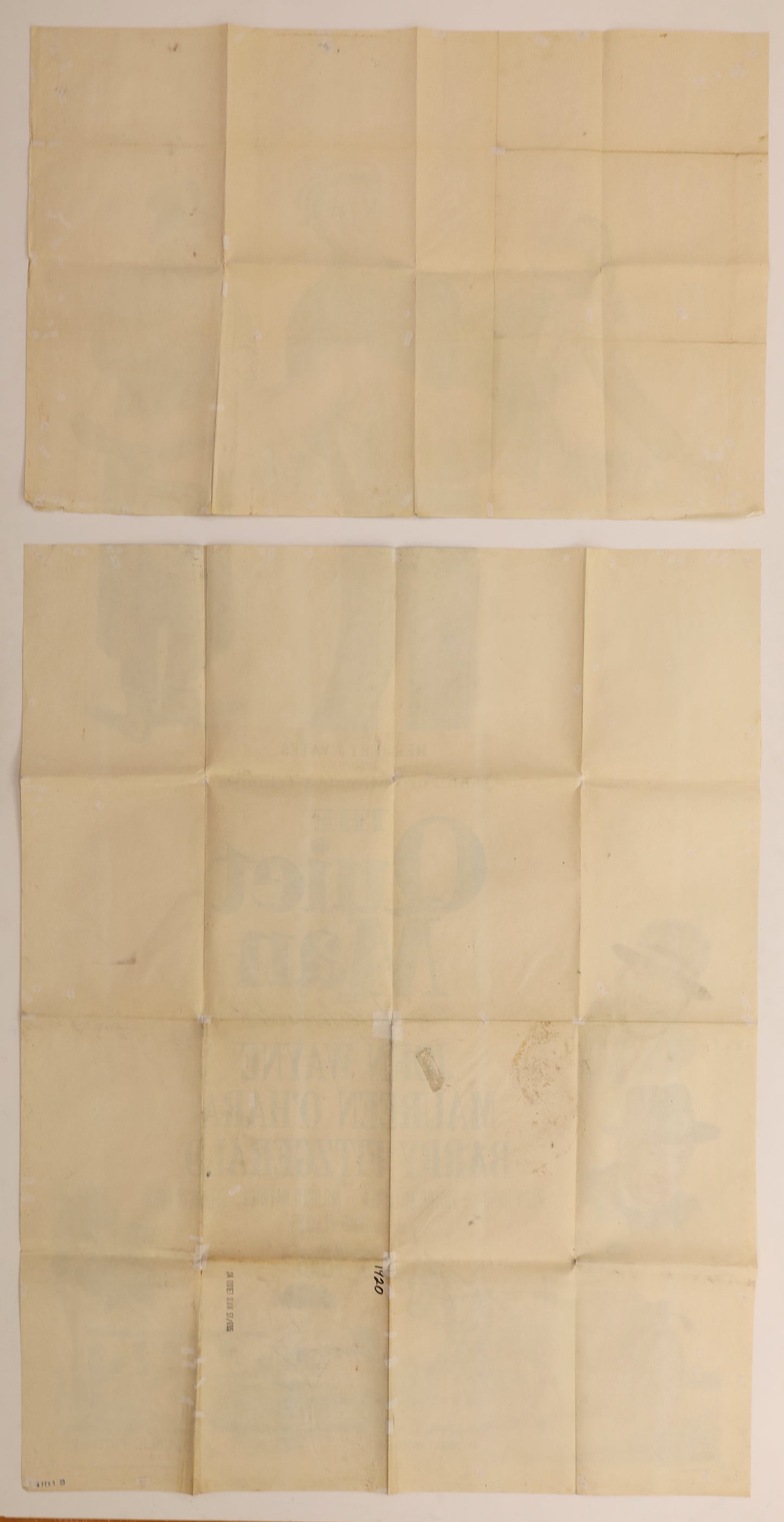 Reverse of The Quiet Man 1952 three sheet movie poster showing both folded sections, age toning and numerous small tape and paper repairs.