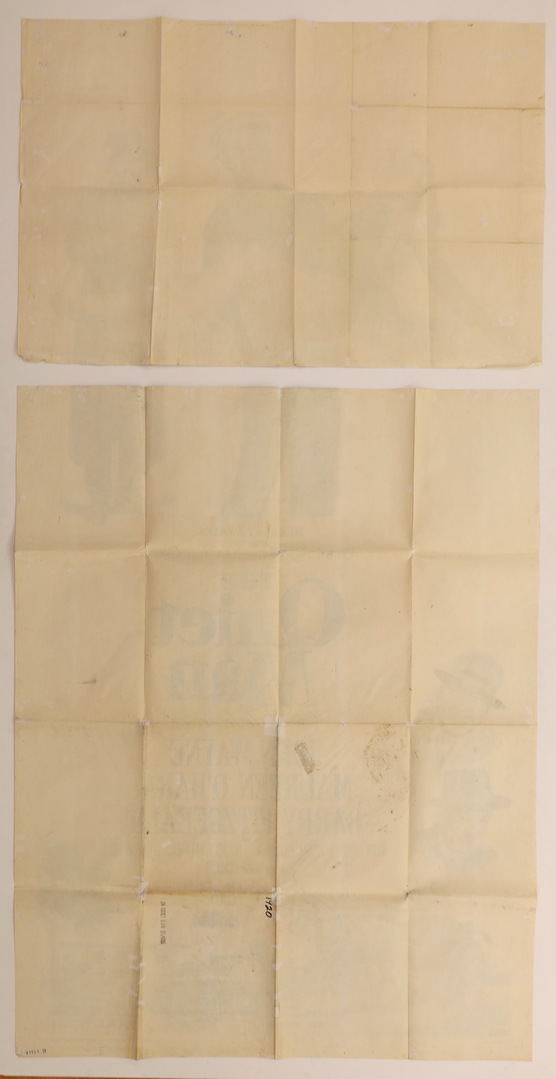 Reverse of The Quiet Man 1952 three sheet movie poster showing both folded sections, age toning and numerous small tape and paper repairs.