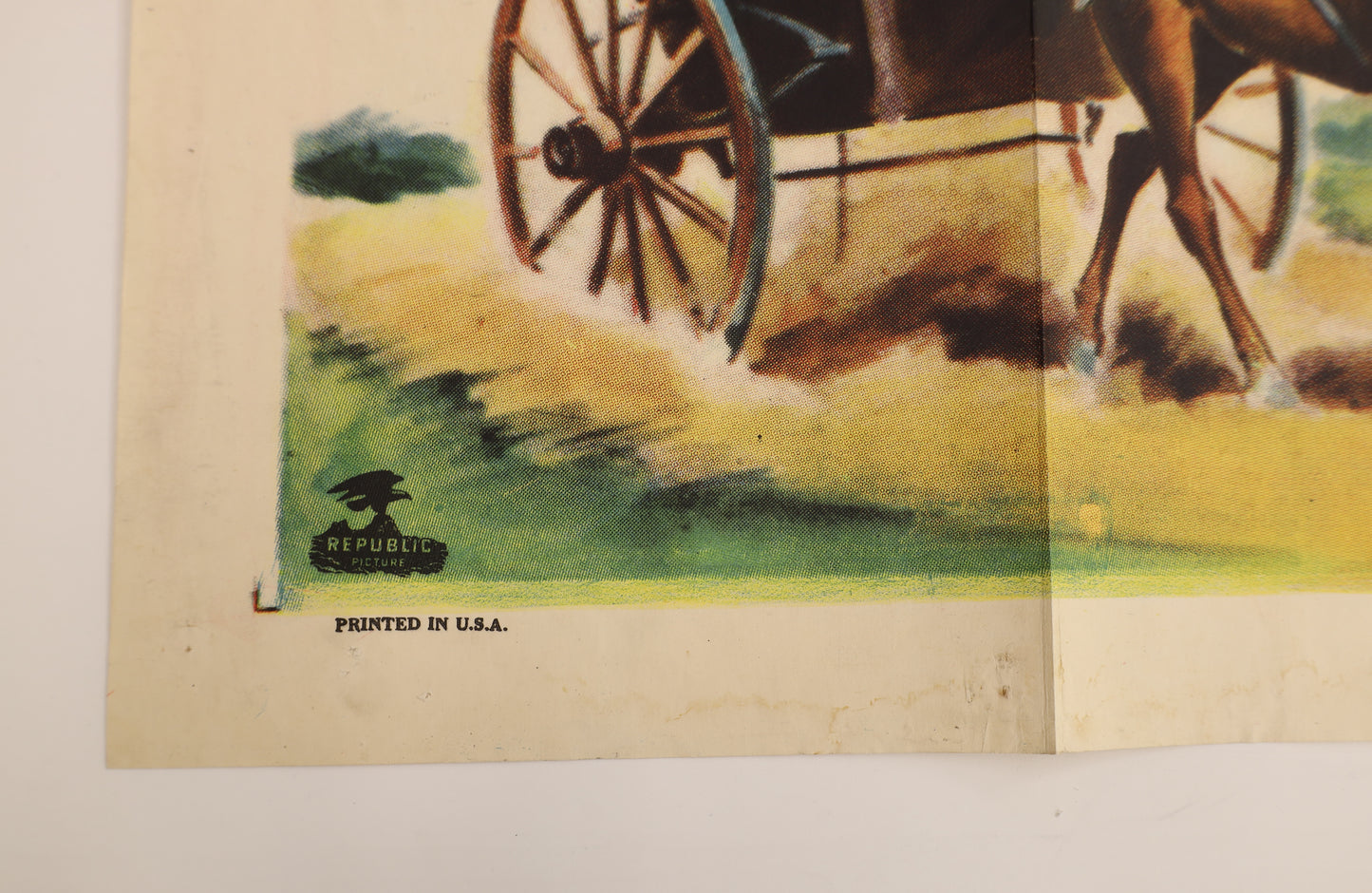 Detail of The Quiet Man 1952 three sheet poster showing the Republic Pictures logo and Printed in U.S.A. marking.