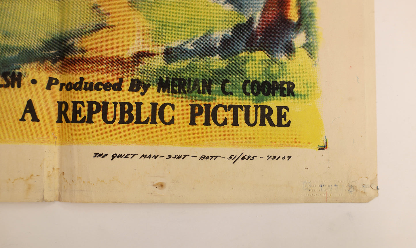 Detail of The Quiet Man 1952 three sheet movie poster showing the Republic Pictures credit and original three sheet printing designation.