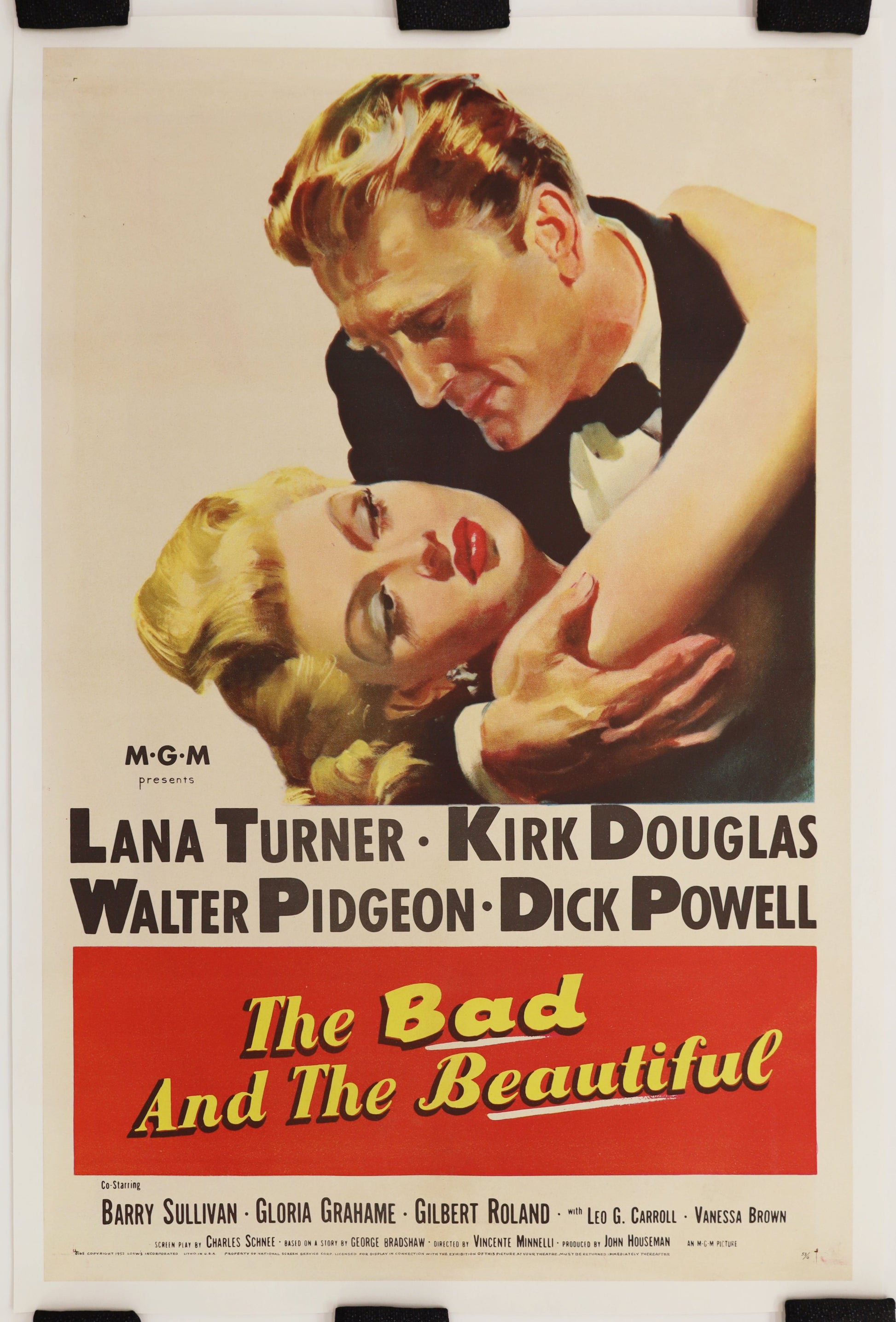 Original 1952 The Bad and the Beautiful U.S. one sheet movie poster starring Lana Turner, Kirk Douglas, Walter Pidgeon, and Dick Powell.