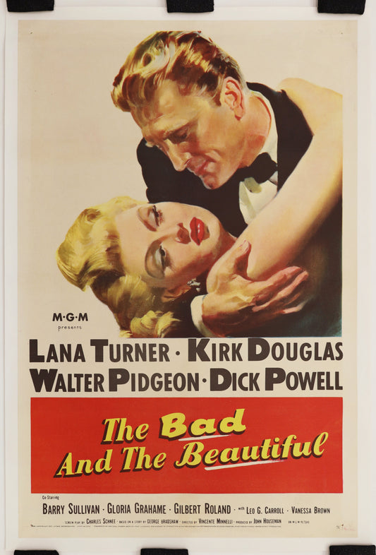 Original 1952 The Bad and the Beautiful U.S. one sheet movie poster starring Lana Turner, Kirk Douglas, Walter Pidgeon, and Dick Powell.