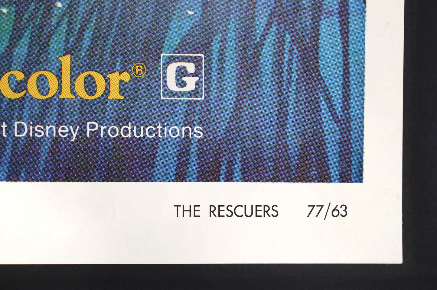 Printer and release information detail from original 1977 The Rescuers U.S. one sheet movie poster.