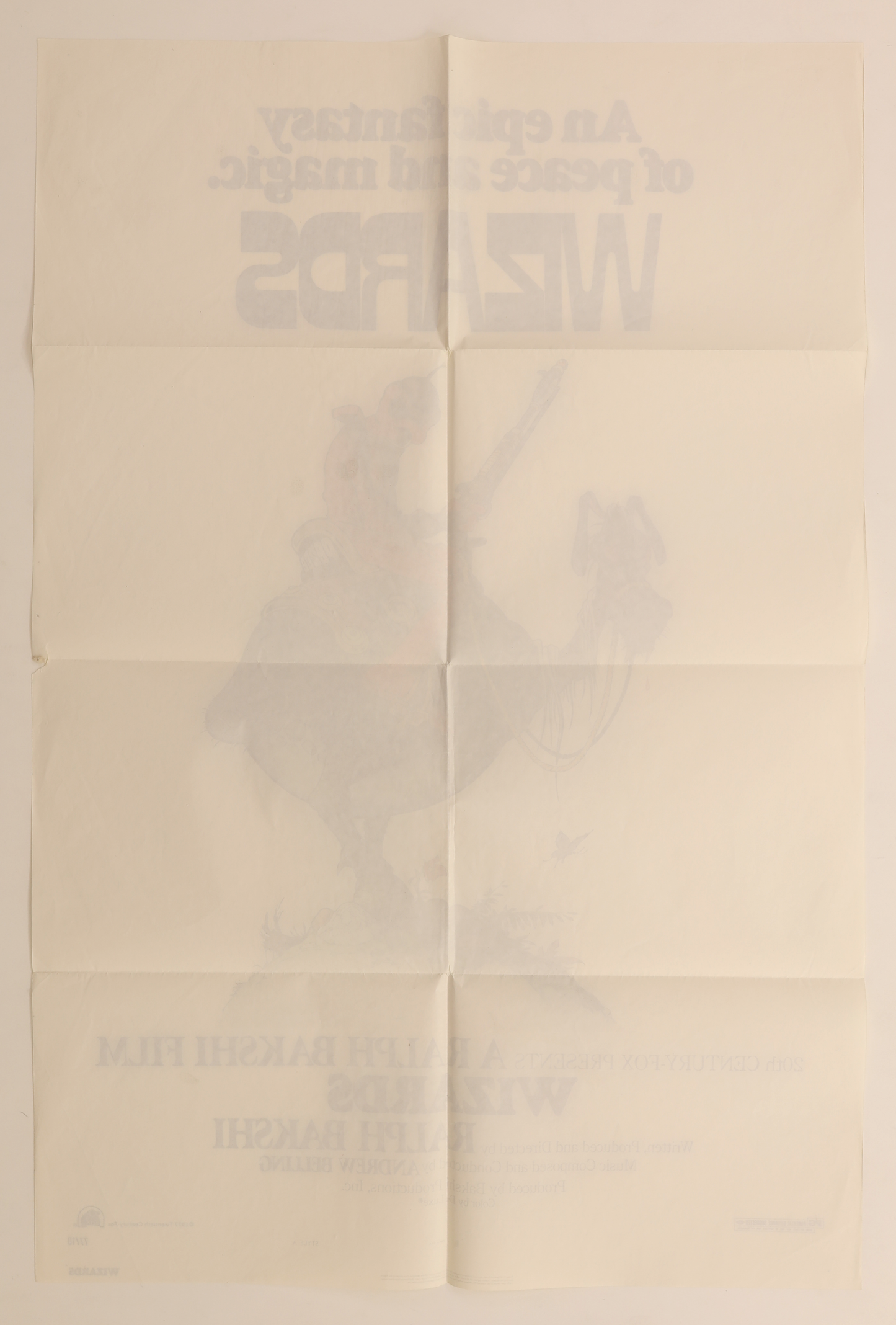 Back of original Wizards 1977 U.S. one sheet movie poster showing the original horizontal and vertical fold lines and light age-related wear.