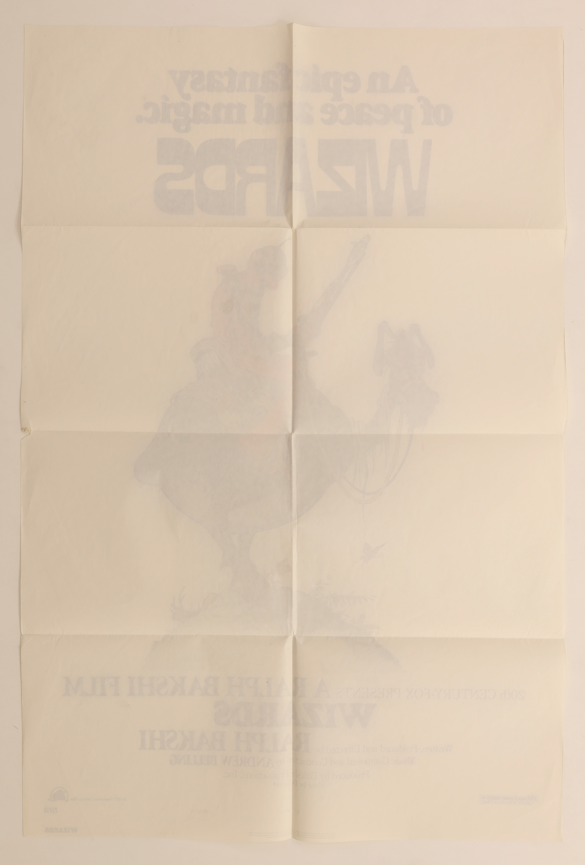 Back of original Wizards 1977 U.S. one sheet movie poster showing the original horizontal and vertical fold lines and light age-related wear.